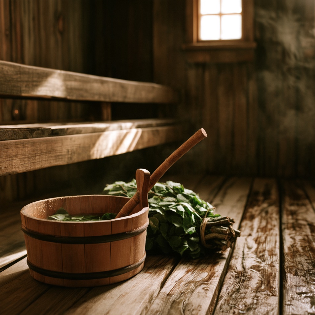 Wooden water bucket and ladle with a birch whisk on a sauna bench beside a window
